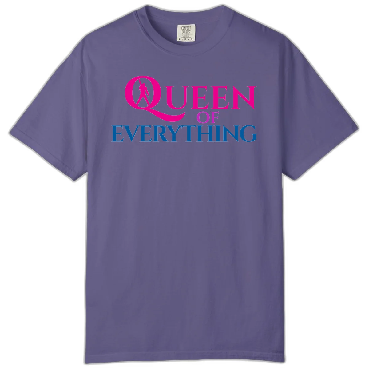 Queen of Everything design: magenta silhouette of crowned woman in oversized Q with pink and blue bold text on gray background in Grape