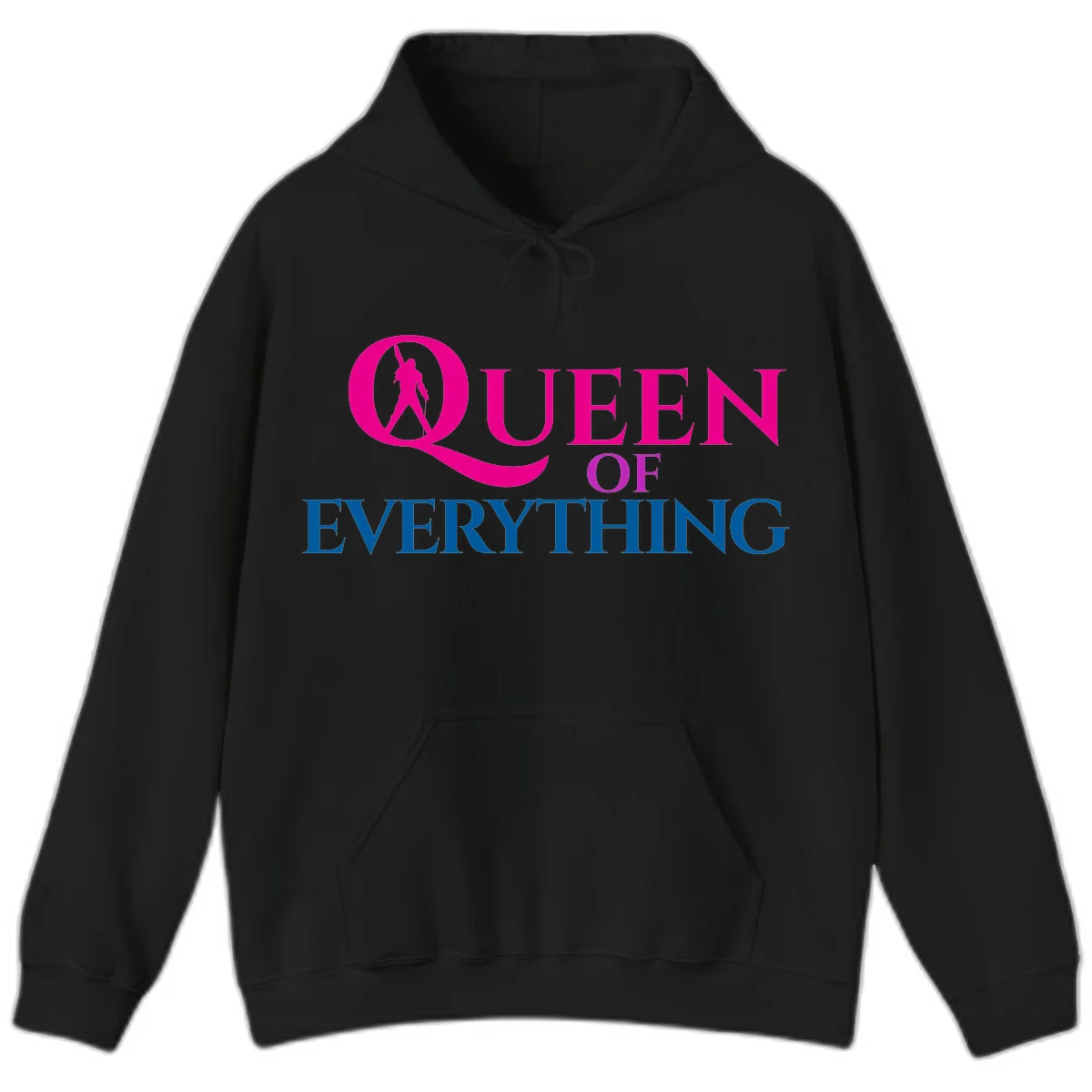 Queen of Everything design: magenta silhouette of crowned woman in oversized Q with pink and blue bold text on gray background in Black