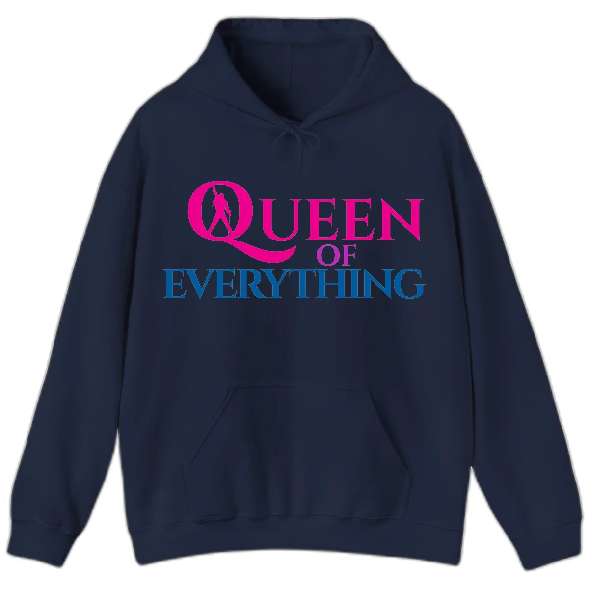 Queen of Everything design: magenta silhouette of crowned woman in oversized Q with pink and blue bold text on gray background in Navy