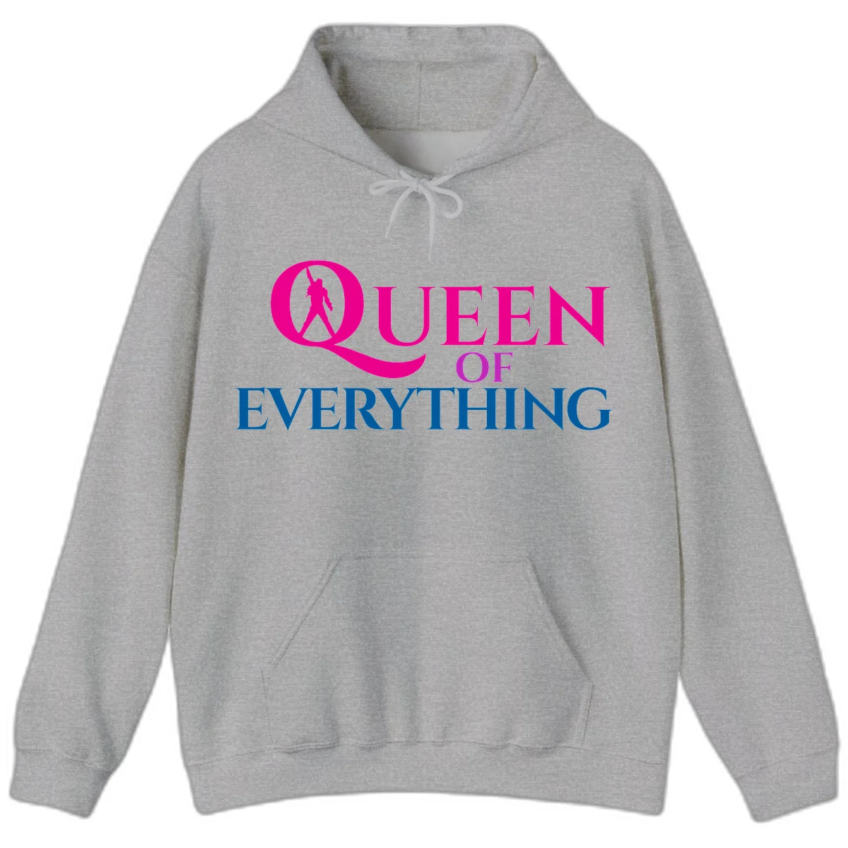 Queen of Everything design: magenta silhouette of crowned woman in oversized Q with pink and blue bold text on gray background in Sport Grey
