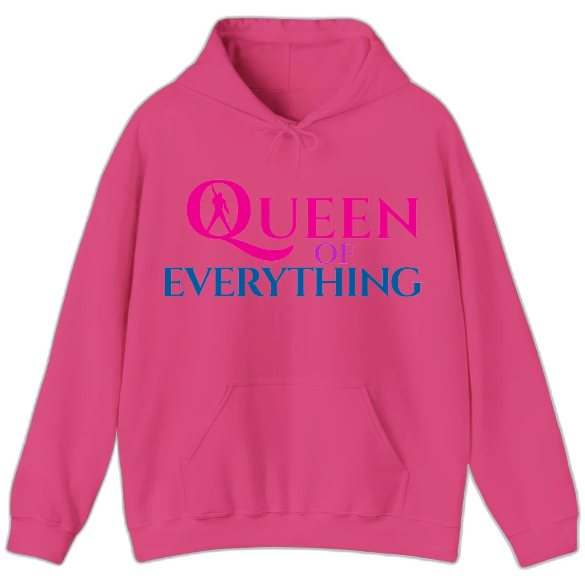Queen of Everything design: magenta silhouette of crowned woman in oversized Q with pink and blue bold text on gray background in Heliconia