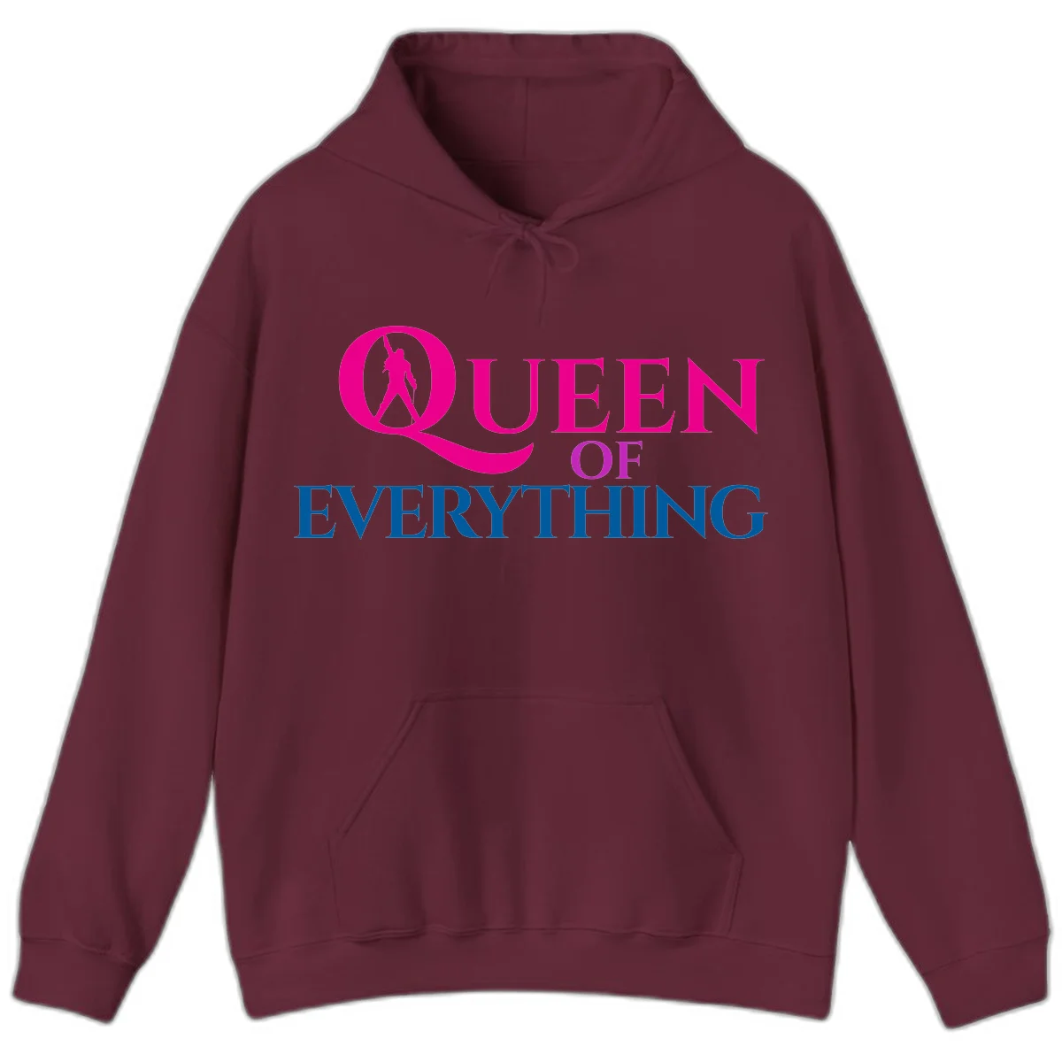 Queen of Everything design: magenta silhouette of crowned woman in oversized Q with pink and blue bold text on gray background in Maroon