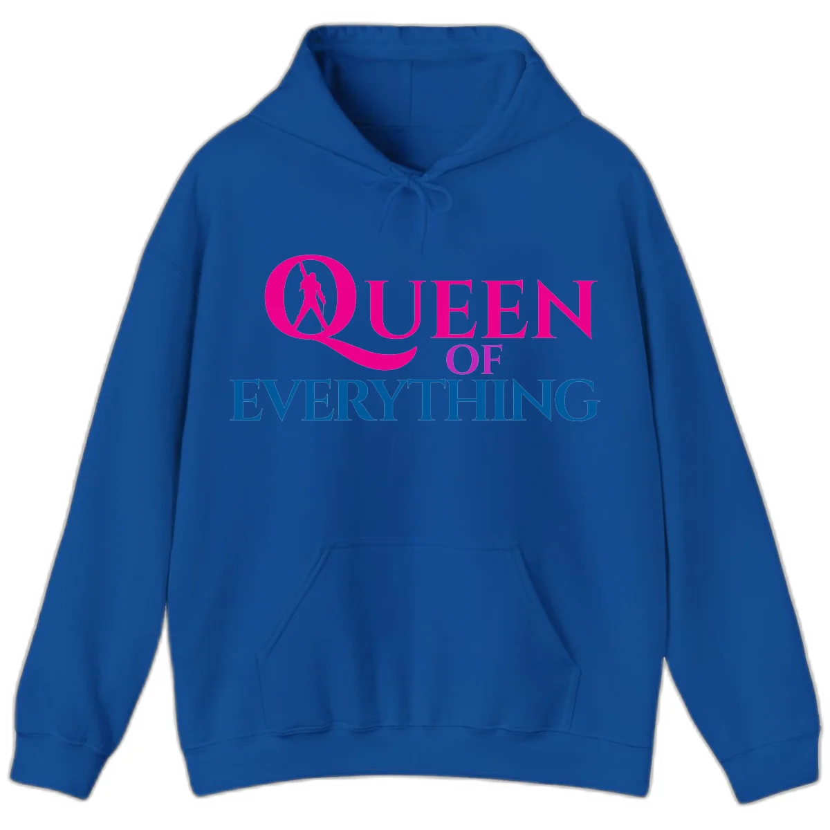 Queen of Everything design: magenta silhouette of crowned woman in oversized Q with pink and blue bold text on gray background in Royal