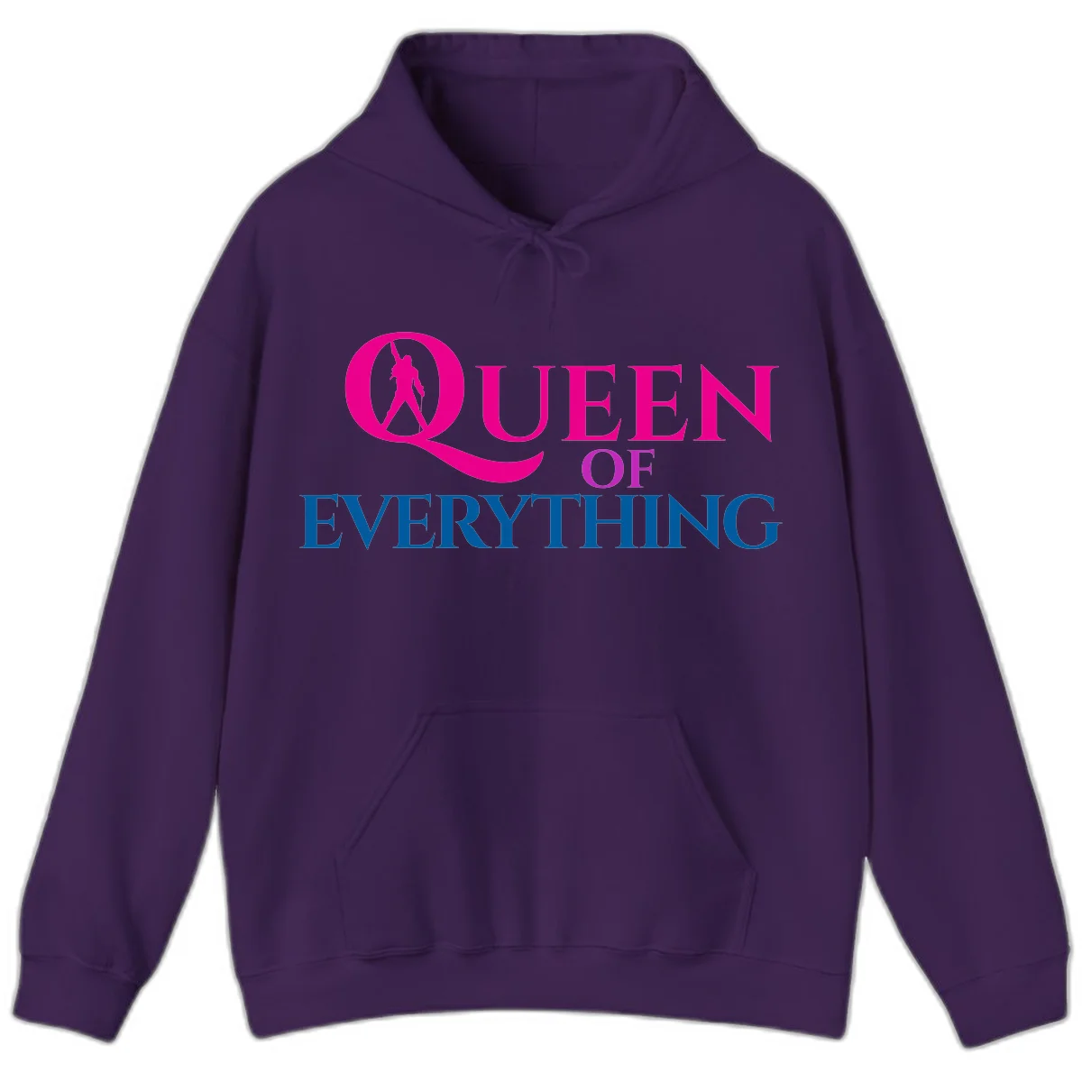 Queen of Everything design: magenta silhouette of crowned woman in oversized Q with pink and blue bold text on gray background in Purple