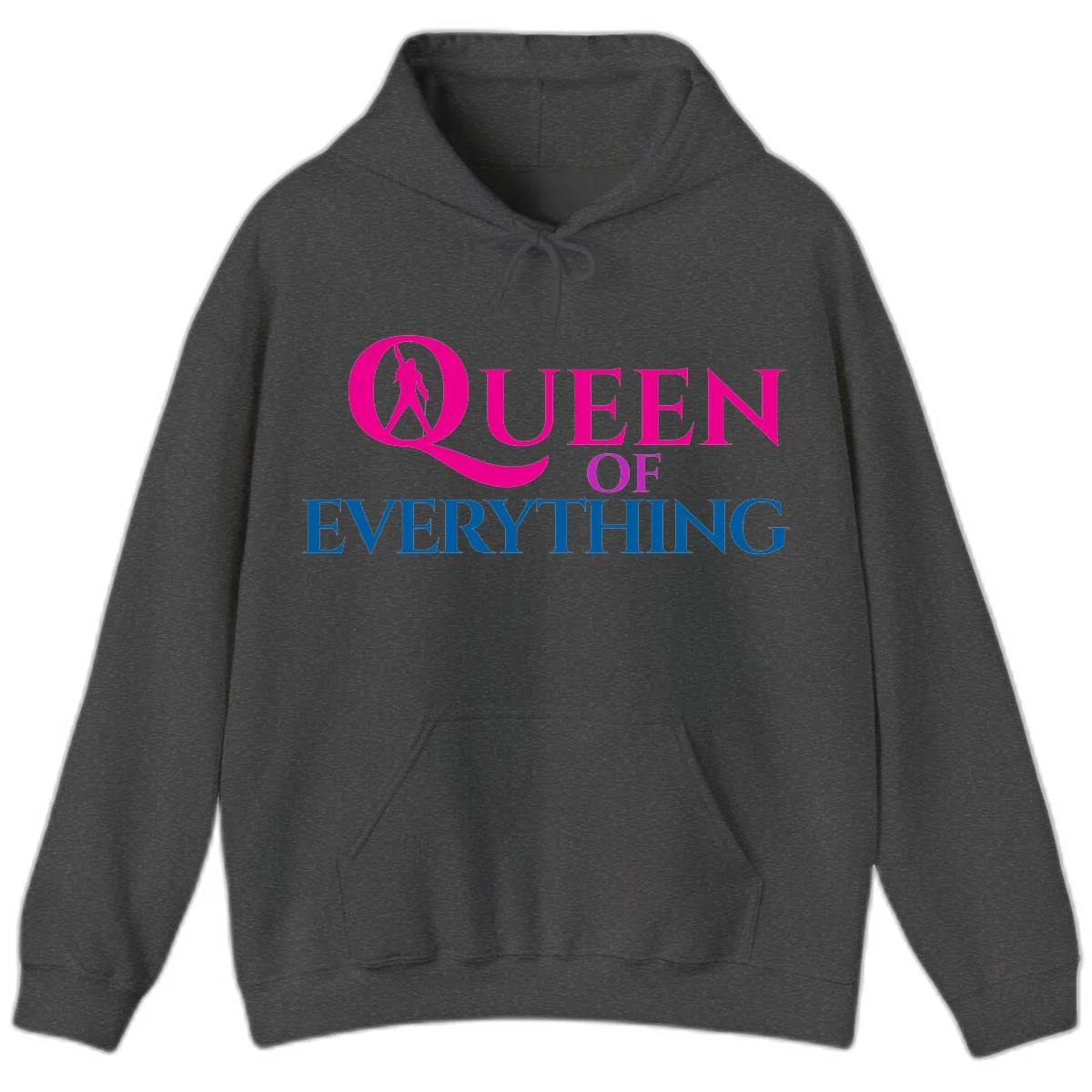 Queen of Everything design: magenta silhouette of crowned woman in oversized Q with pink and blue bold text on gray background in Dark Heather