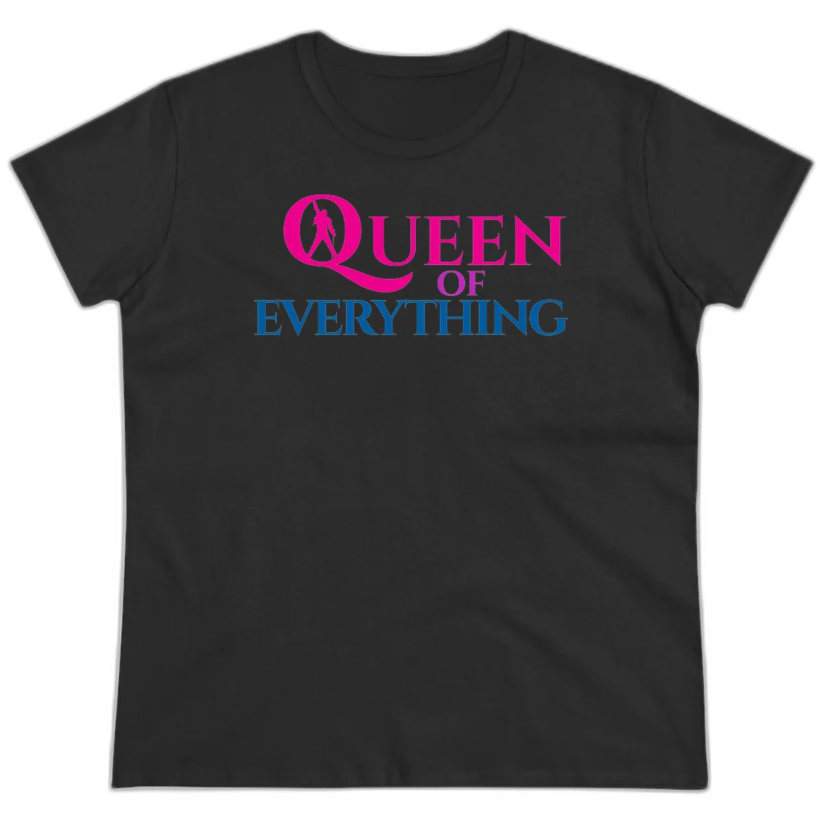 Queen of Everything design: magenta silhouette of crowned woman in oversized Q with pink and blue bold text on gray background in Black