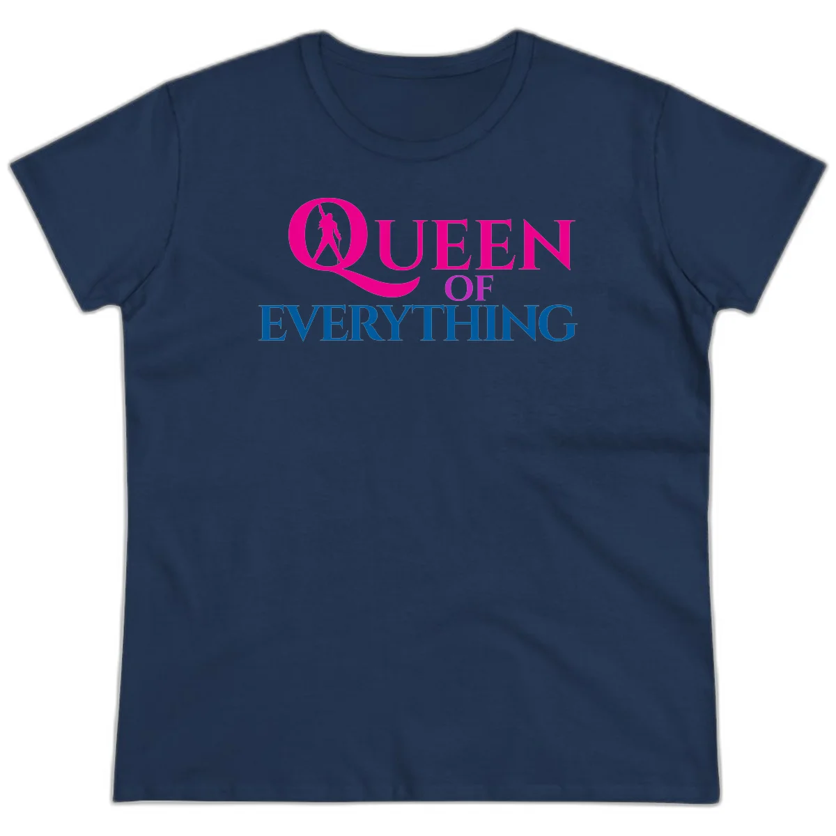 Queen of Everything design: magenta silhouette of crowned woman in oversized Q with pink and blue bold text on gray background in Navy