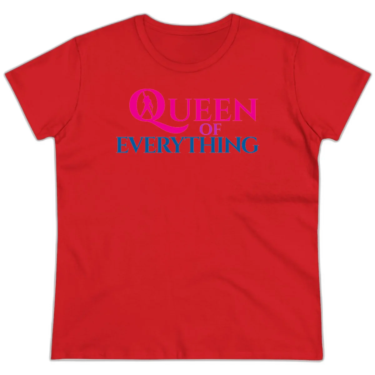 Queen of Everything design: magenta silhouette of crowned woman in oversized Q with pink and blue bold text on gray background in Red