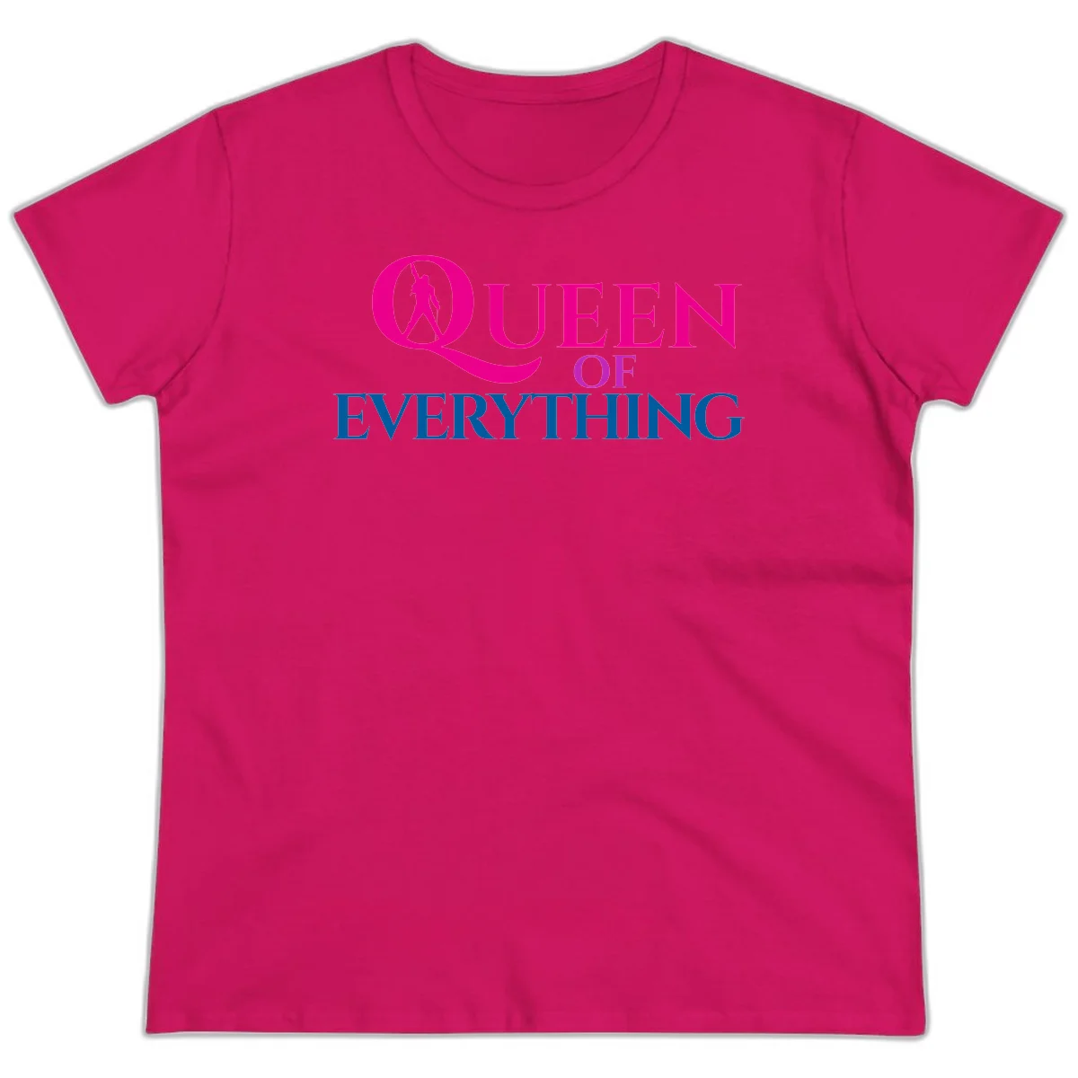 Queen of Everything design: magenta silhouette of crowned woman in oversized Q with pink and blue bold text on gray background in Heliconia