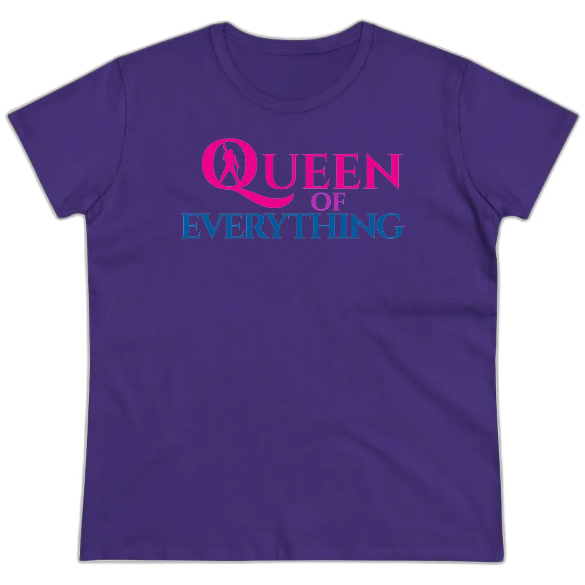 Queen of Everything design: magenta silhouette of crowned woman in oversized Q with pink and blue bold text on gray background in Purple