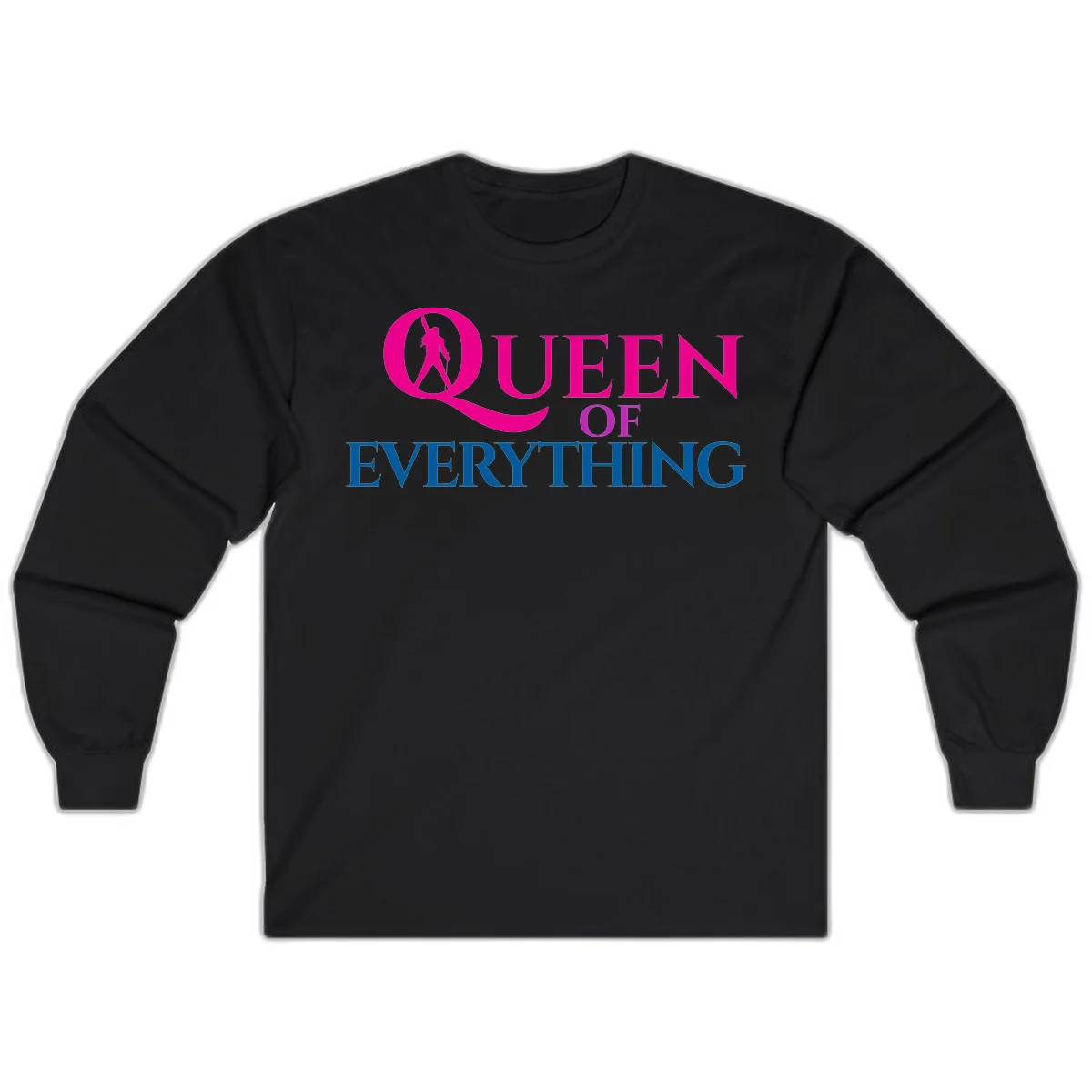 Queen of Everything design: magenta silhouette of crowned woman in oversized Q with pink and blue bold text on gray background in Black