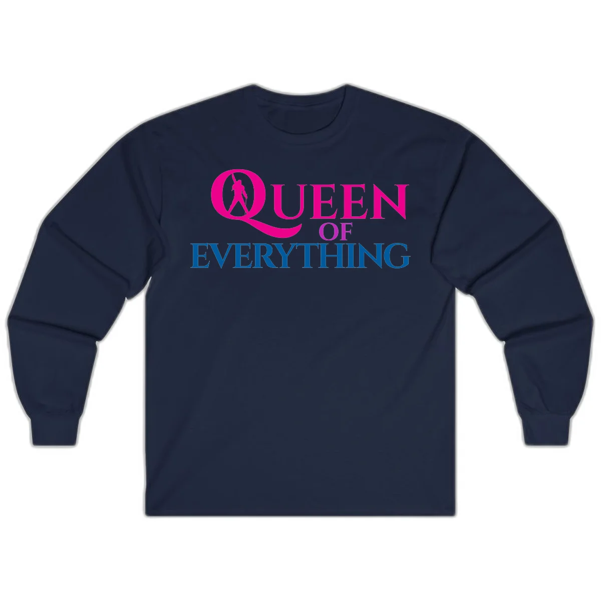Queen of Everything design: magenta silhouette of crowned woman in oversized Q with pink and blue bold text on gray background in Navy