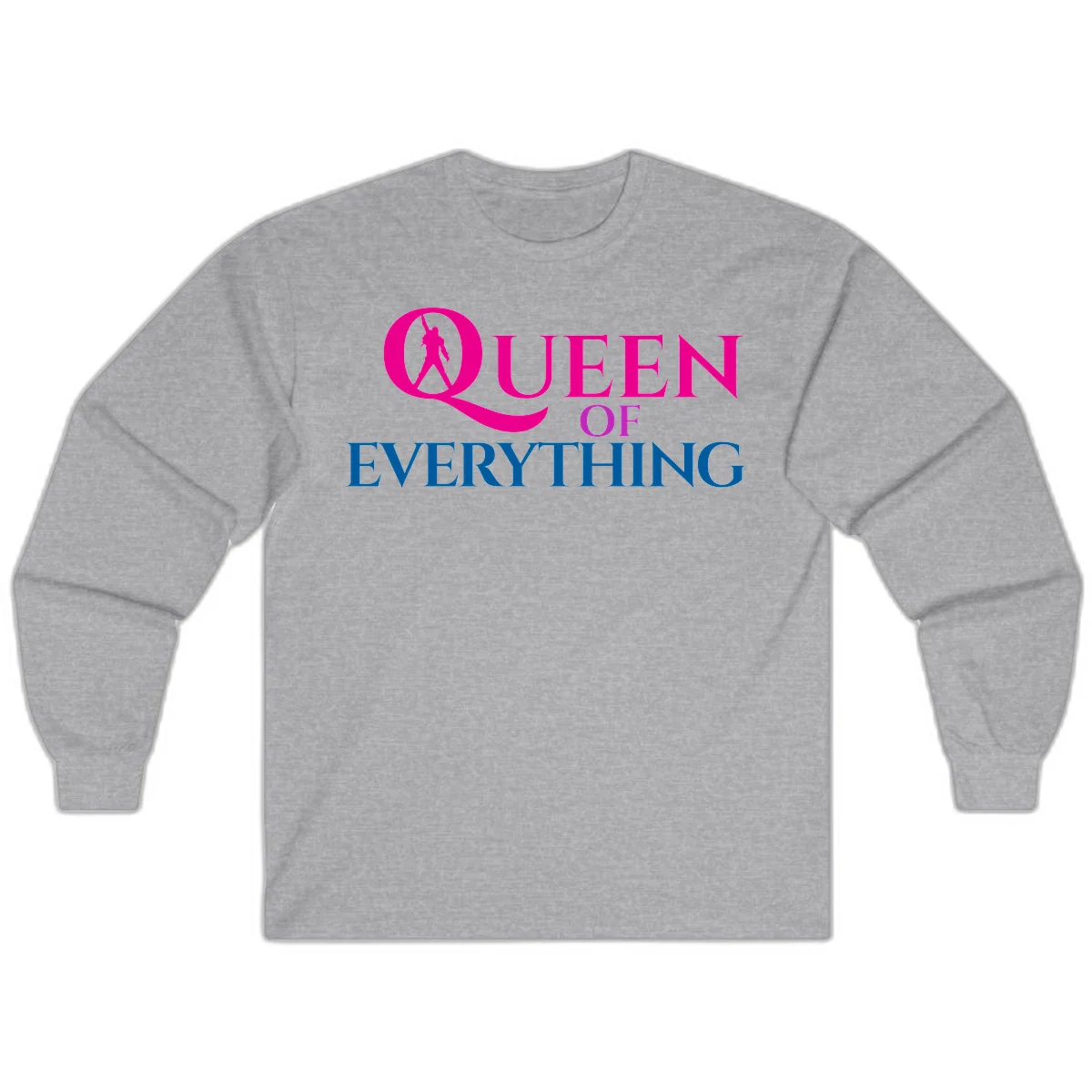 Queen of Everything design: magenta silhouette of crowned woman in oversized Q with pink and blue bold text on gray background in Sport Grey