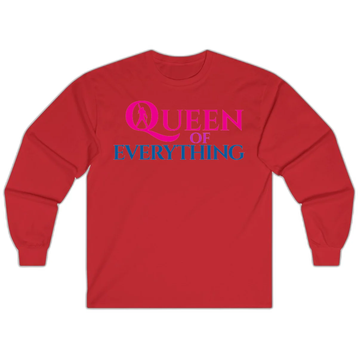 Queen of Everything design: magenta silhouette of crowned woman in oversized Q with pink and blue bold text on gray background in Red