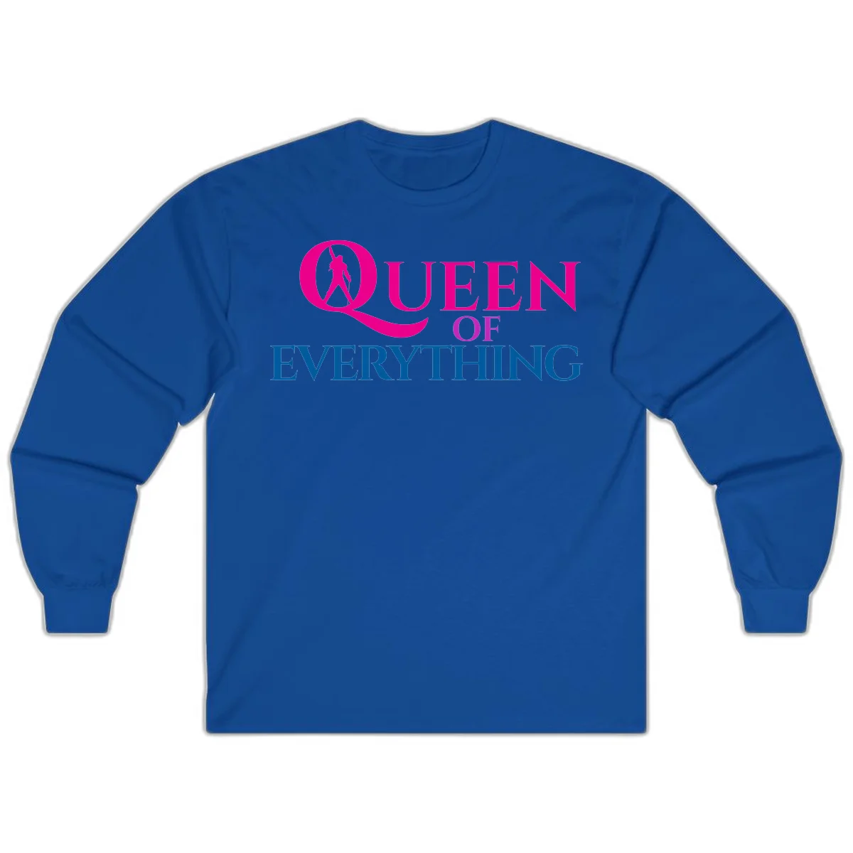 Queen of Everything design: magenta silhouette of crowned woman in oversized Q with pink and blue bold text on gray background in Royal