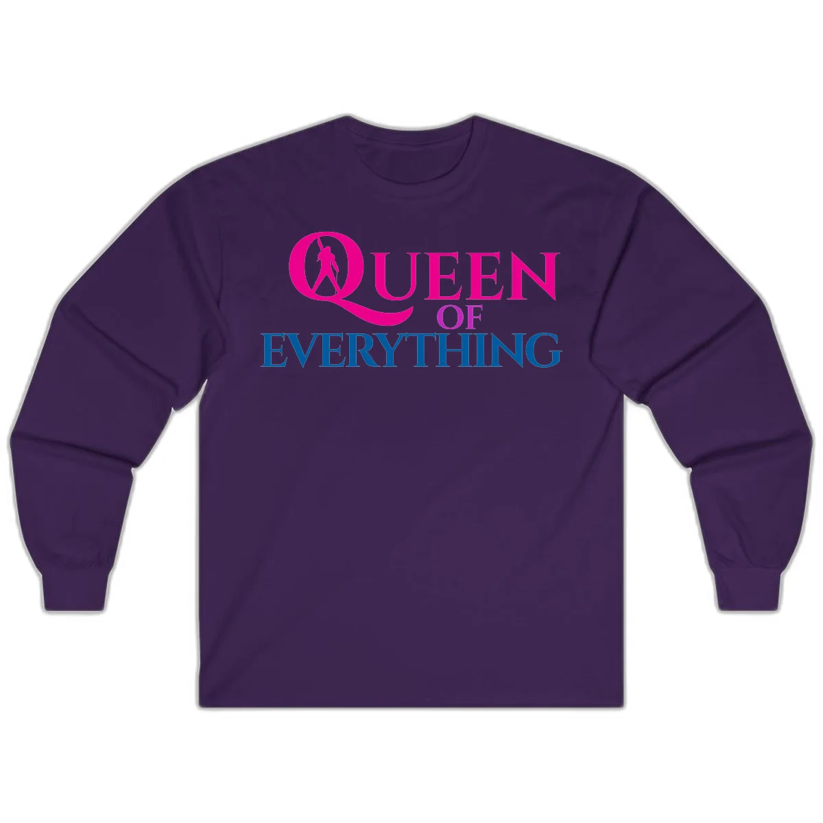 Queen of Everything design: magenta silhouette of crowned woman in oversized Q with pink and blue bold text on gray background in Purple