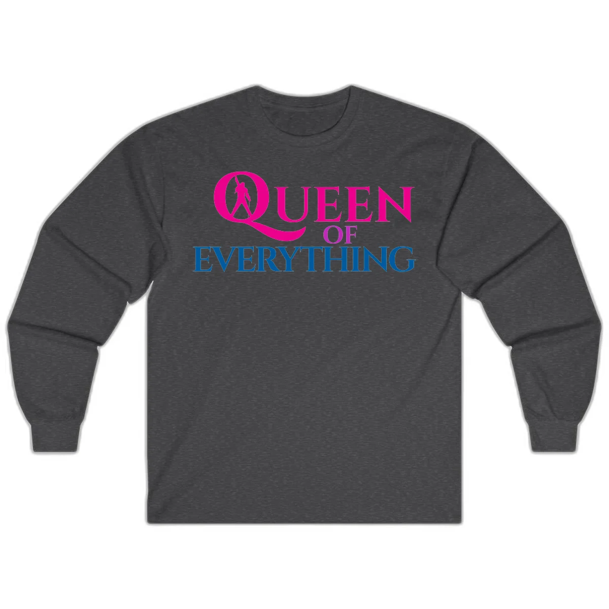 Queen of Everything design: magenta silhouette of crowned woman in oversized Q with pink and blue bold text on gray background in Dark Heather