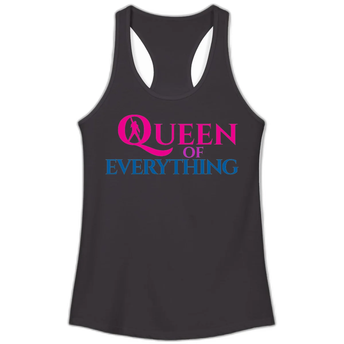 Queen of Everything design: magenta silhouette of crowned woman in oversized Q with pink and blue bold text on gray background in Black
