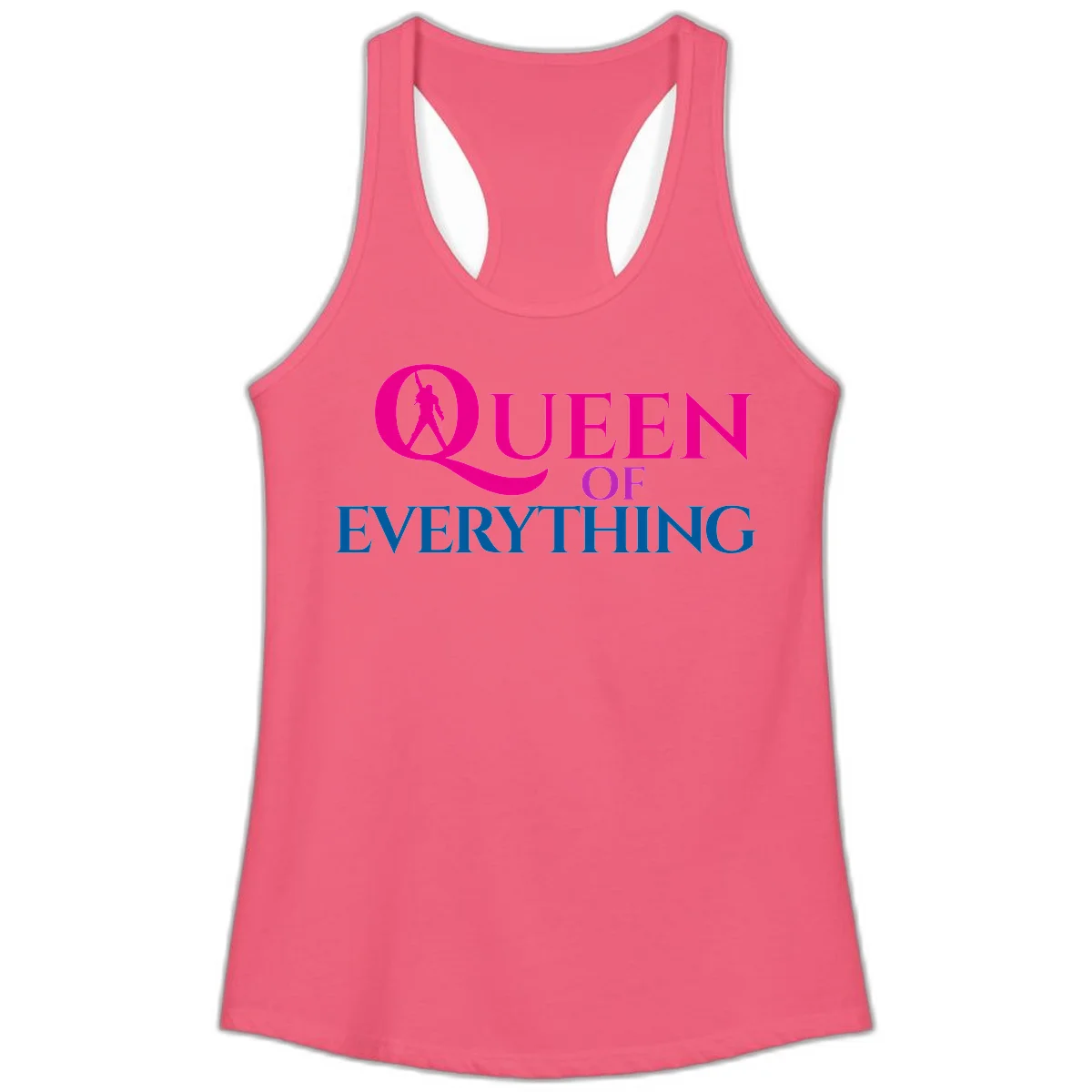 Queen of Everything design: magenta silhouette of crowned woman in oversized Q with pink and blue bold text on gray background in Hot Pink