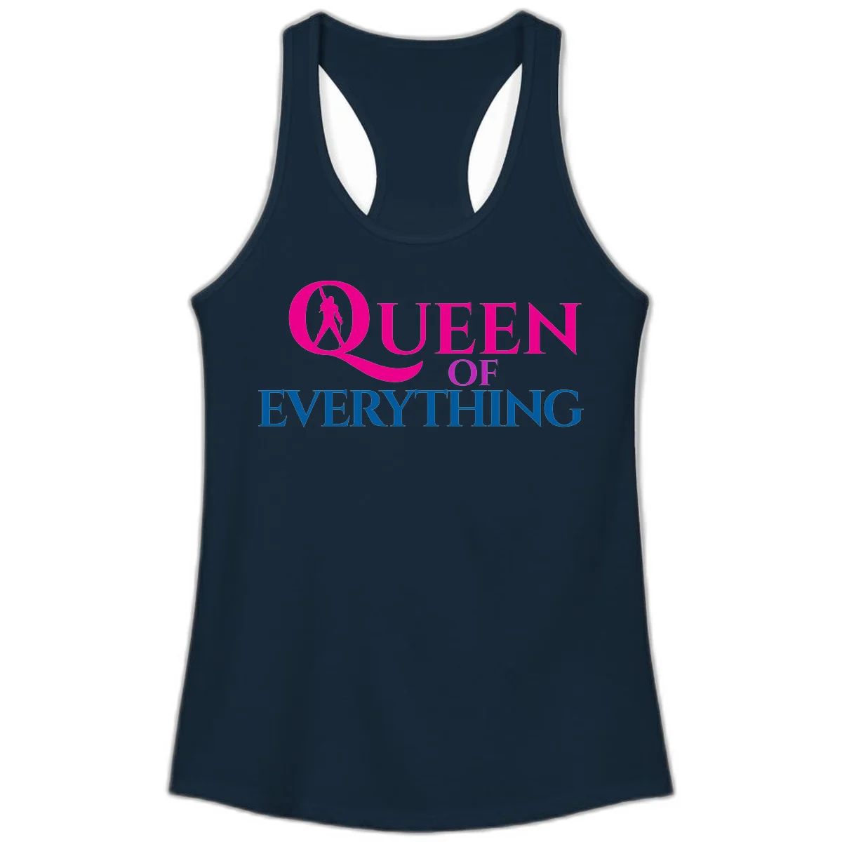 Queen of Everything design: magenta silhouette of crowned woman in oversized Q with pink and blue bold text on gray background in Solid Midnight Navy