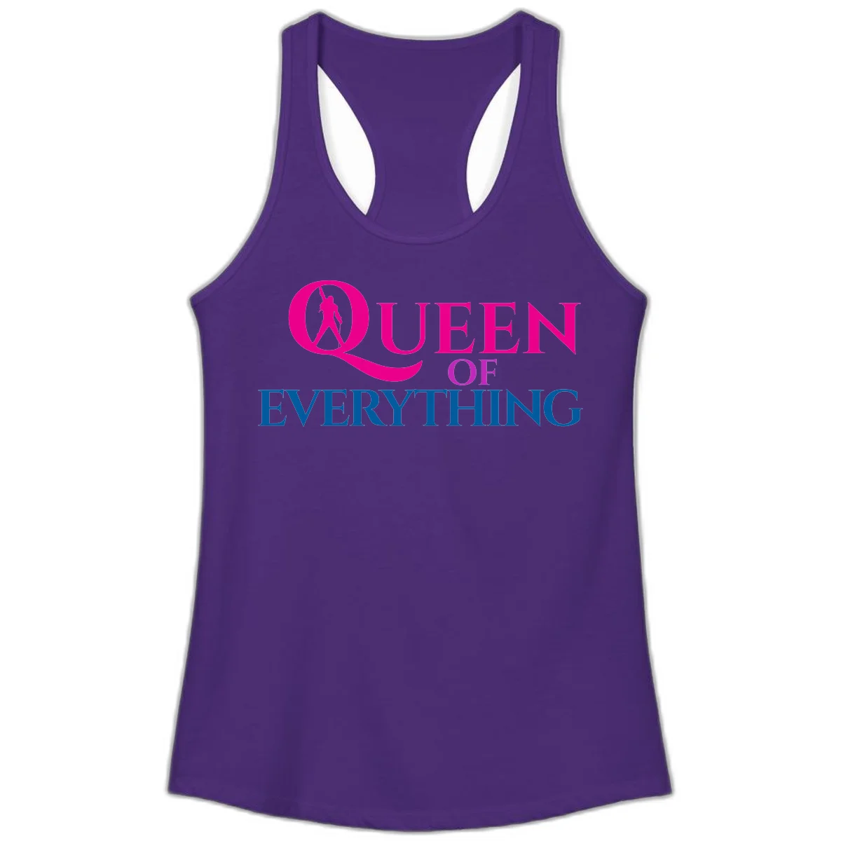 Queen of Everything design: magenta silhouette of crowned woman in oversized Q with pink and blue bold text on gray background in Solid Purple Rush