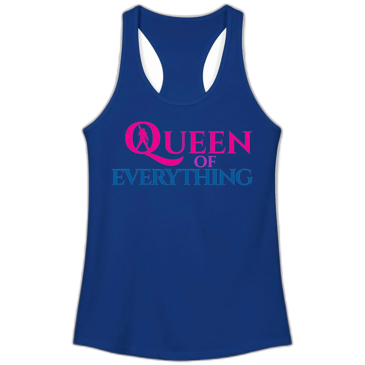 Queen of Everything design: magenta silhouette of crowned woman in oversized Q with pink and blue bold text on gray background in Solid Royal