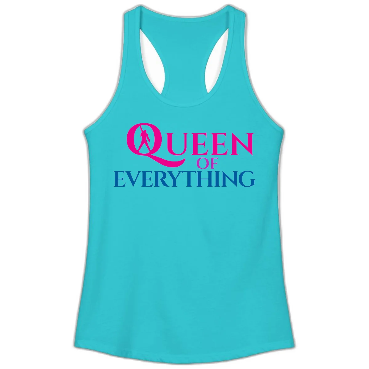 Queen of Everything design: magenta silhouette of crowned woman in oversized Q with pink and blue bold text on gray background in Solid Tahiti Blue