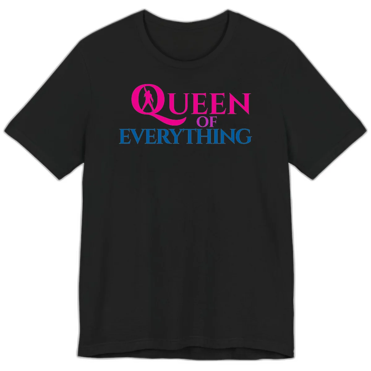 Queen of Everything design: magenta silhouette of crowned woman in oversized Q with pink and blue bold text on gray background in Black