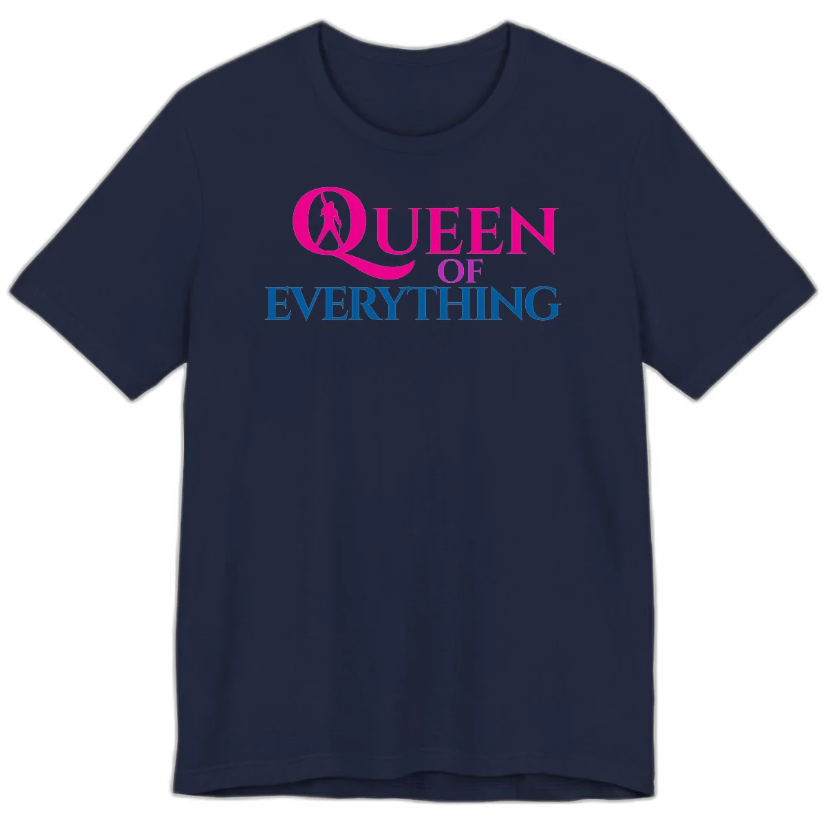Queen of Everything design: magenta silhouette of crowned woman in oversized Q with pink and blue bold text on gray background in Navy