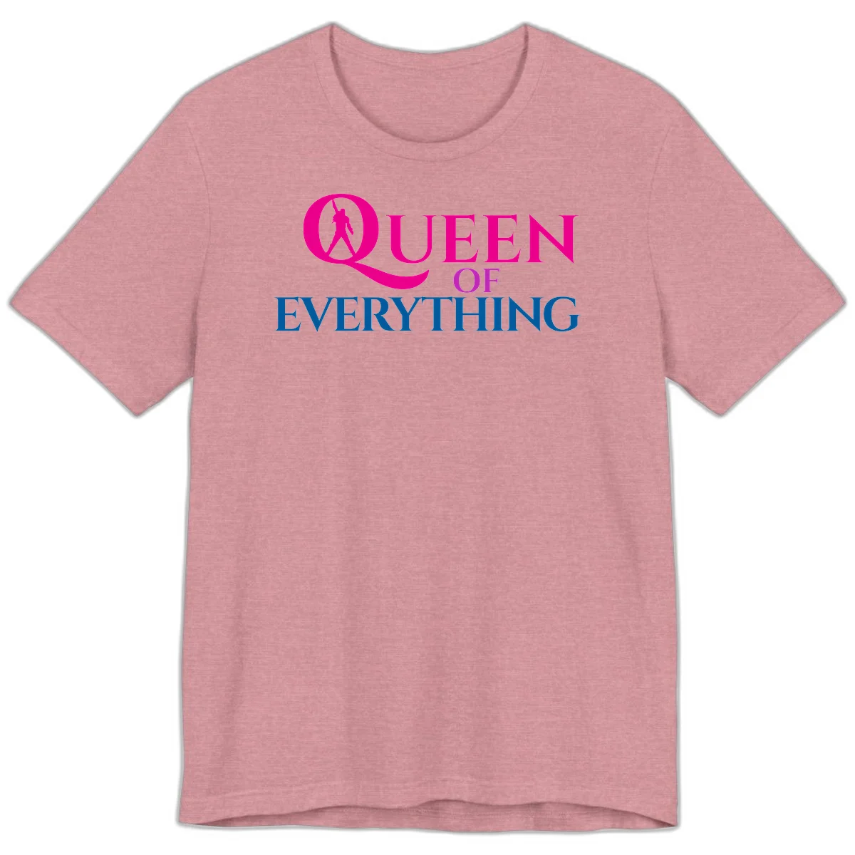 Queen of Everything design: magenta silhouette of crowned woman in oversized Q with pink and blue bold text on gray background in Heather Orchid