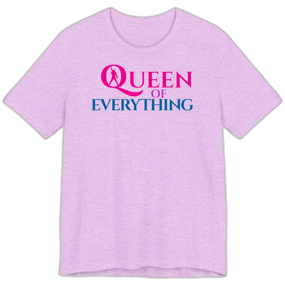 Queen of Everything design: magenta silhouette of crowned woman in oversized Q with pink and blue bold text on gray background in Heather Prism Lilac
