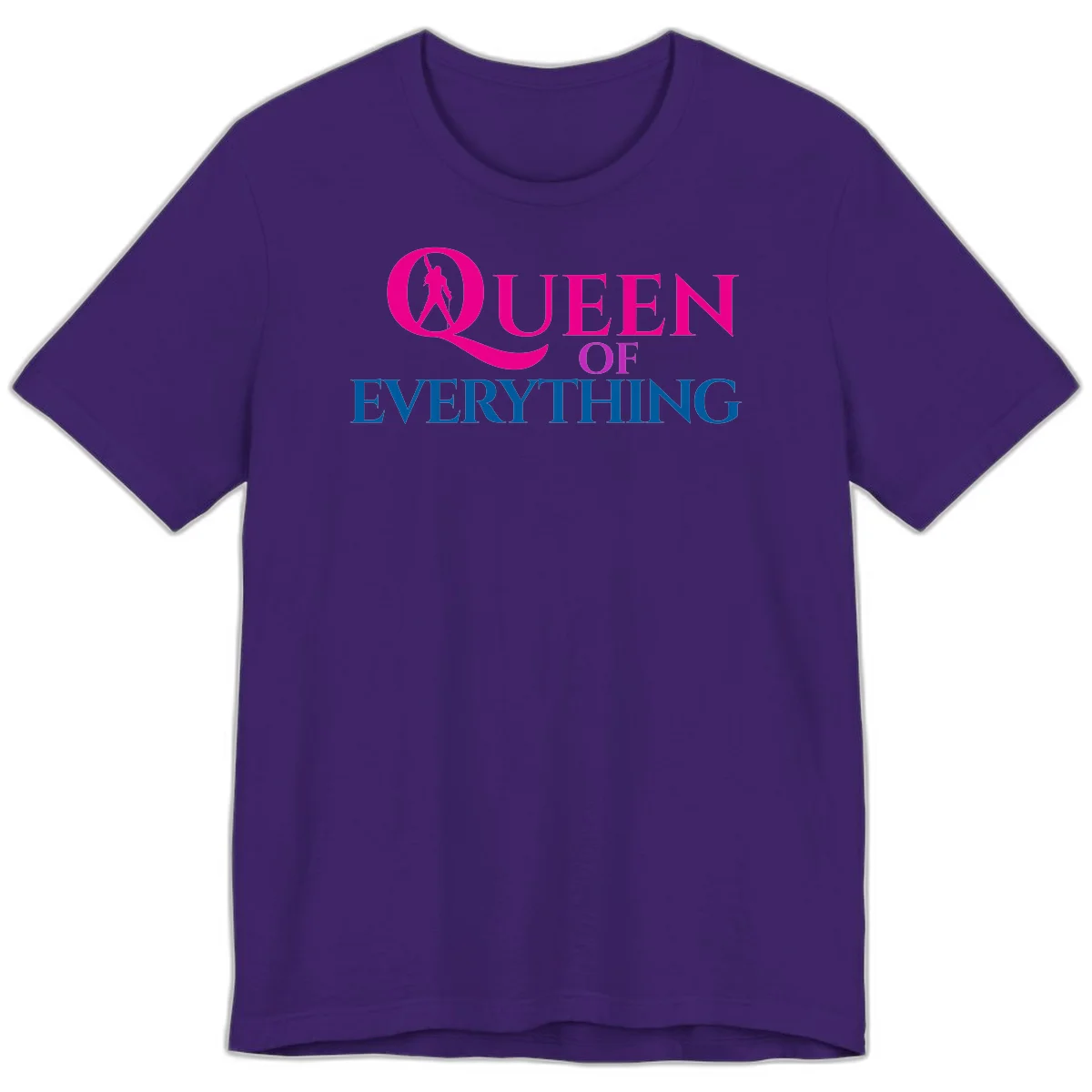 Queen of Everything design: magenta silhouette of crowned woman in oversized Q with pink and blue bold text on gray background in Team Purple
