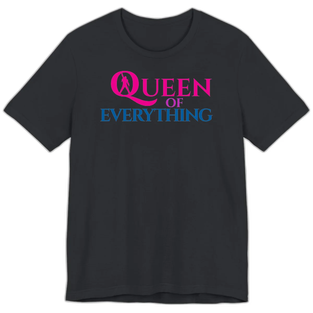 Queen of Everything design: magenta silhouette of crowned woman in oversized Q with pink and blue bold text on gray background in Vintage Black