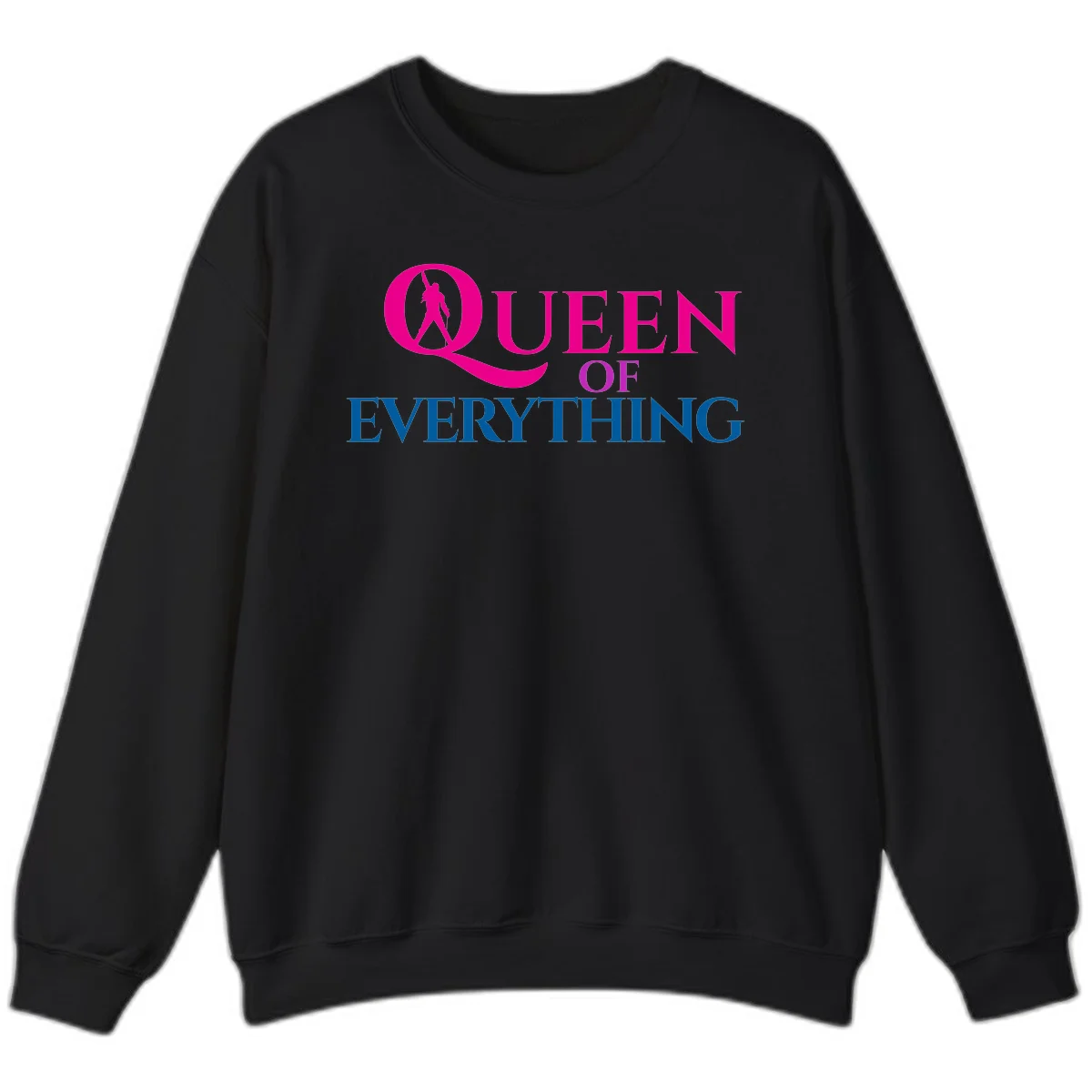 Queen of Everything design: magenta silhouette of crowned woman in oversized Q with pink and blue bold text on gray background in Black