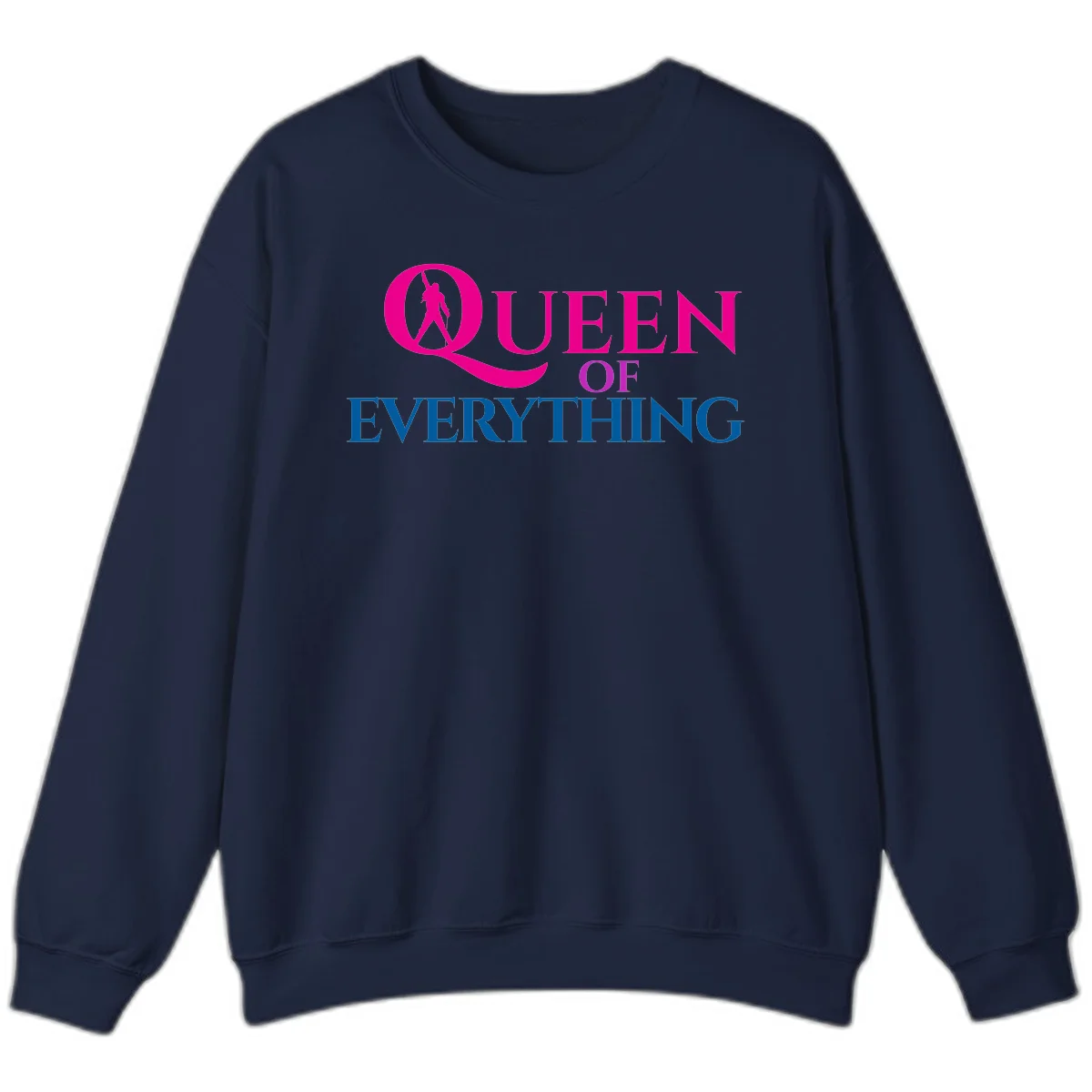 Queen of Everything design: magenta silhouette of crowned woman in oversized Q with pink and blue bold text on gray background in Navy