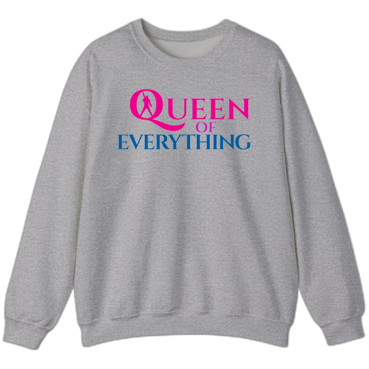 Queen of Everything design: magenta silhouette of crowned woman in oversized Q with pink and blue bold text on gray background in Sport Grey