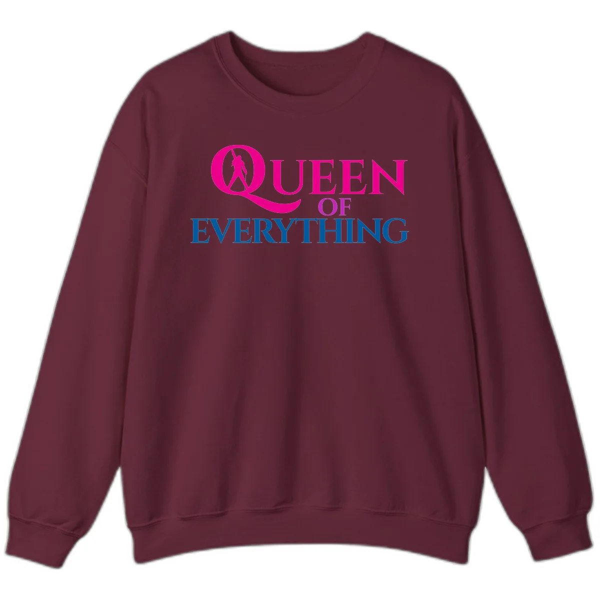 Queen of Everything design: magenta silhouette of crowned woman in oversized Q with pink and blue bold text on gray background in Maroon