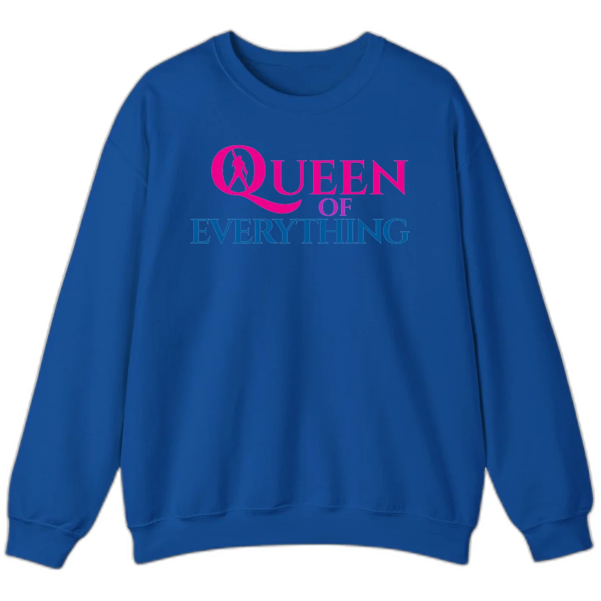 Queen of Everything design: magenta silhouette of crowned woman in oversized Q with pink and blue bold text on gray background in Royal