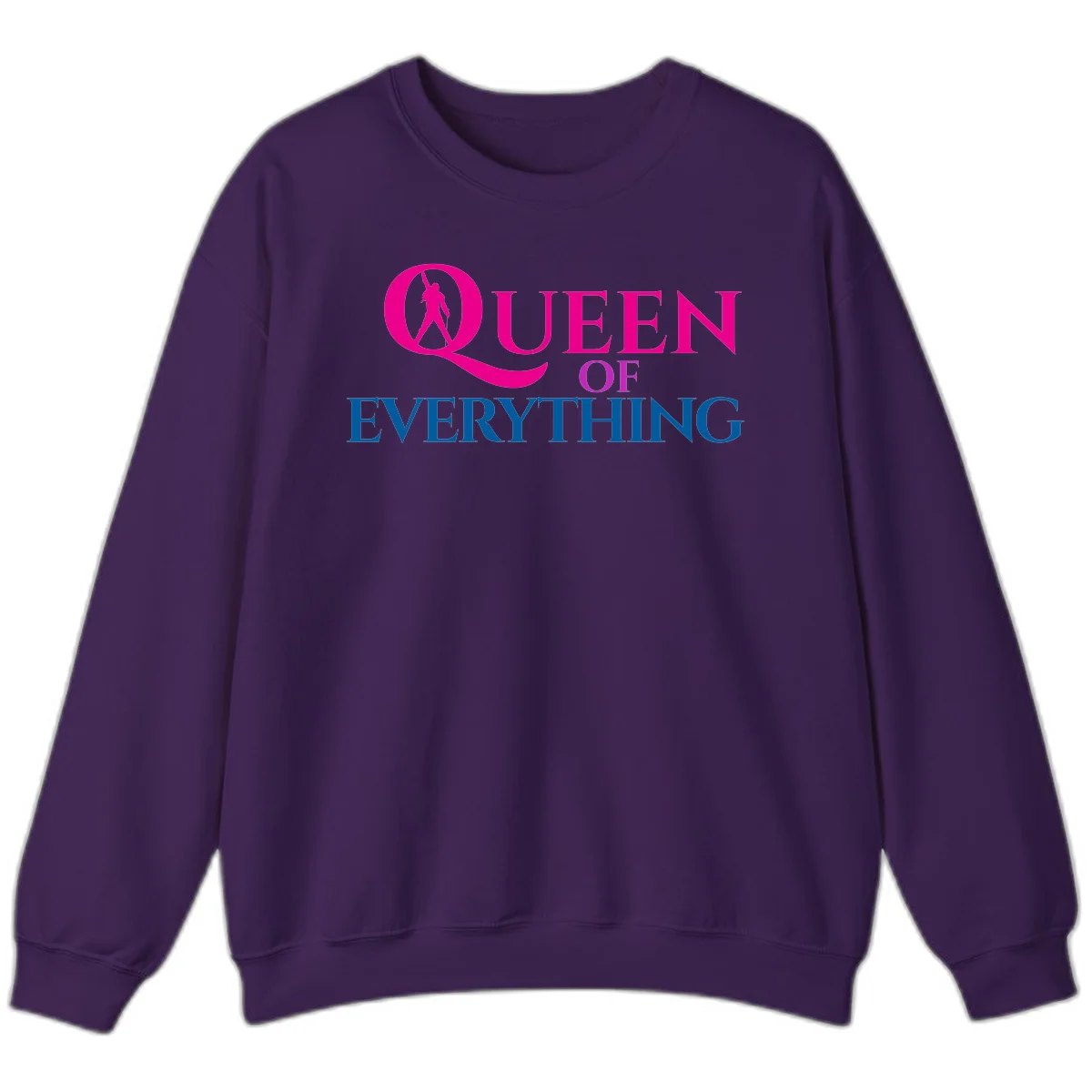 Queen of Everything design: magenta silhouette of crowned woman in oversized Q with pink and blue bold text on gray background in Purple