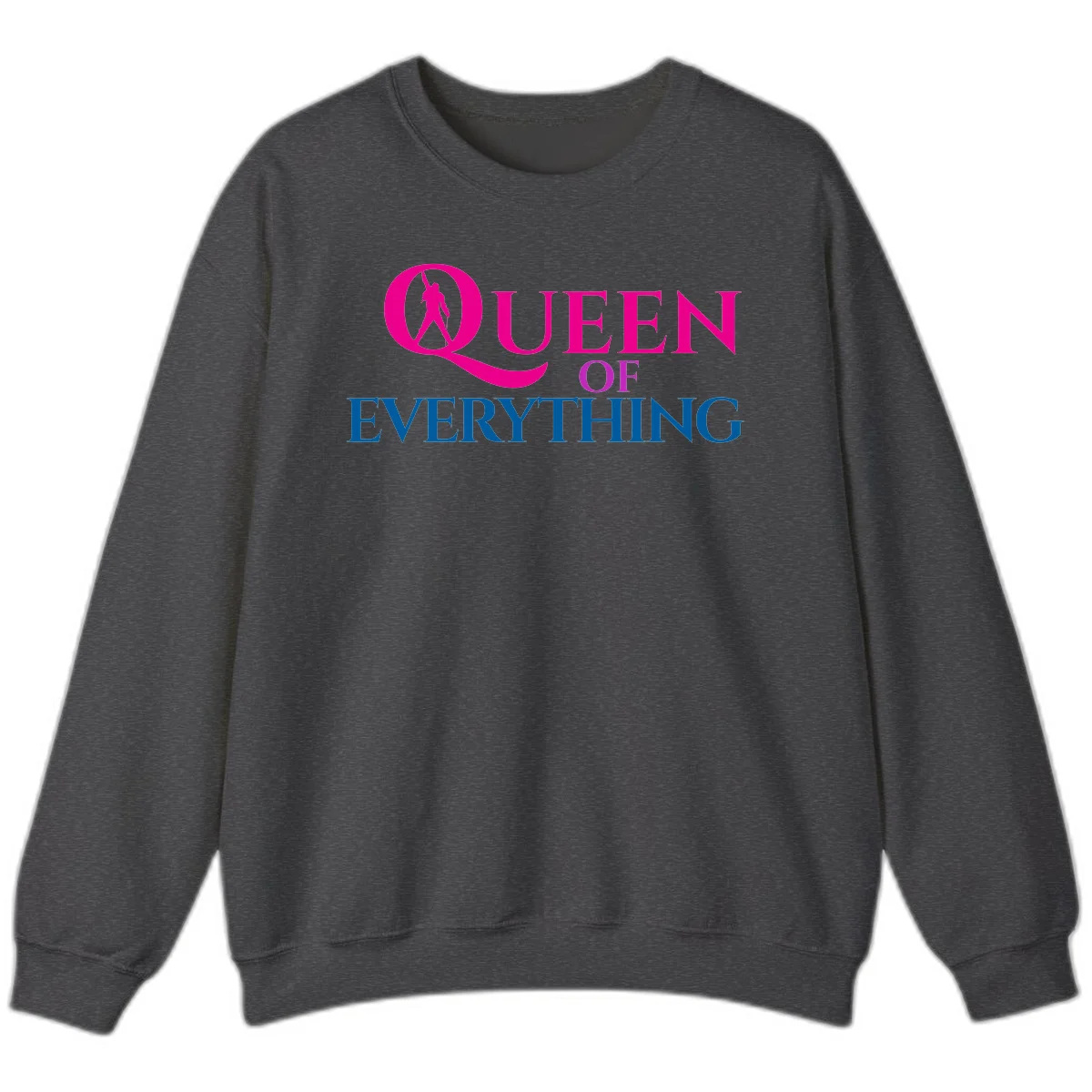 Queen of Everything design: magenta silhouette of crowned woman in oversized Q with pink and blue bold text on gray background in Dark Heather