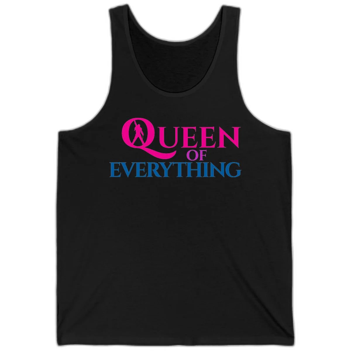 Queen of Everything design: magenta silhouette of crowned woman in oversized Q with pink and blue bold text on gray background in Black