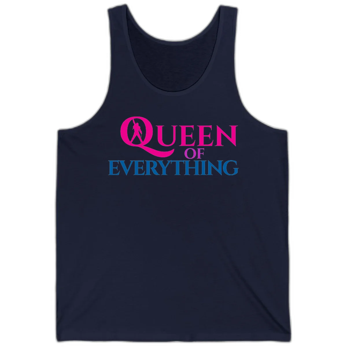 Queen of Everything design: magenta silhouette of crowned woman in oversized Q with pink and blue bold text on gray background in Navy