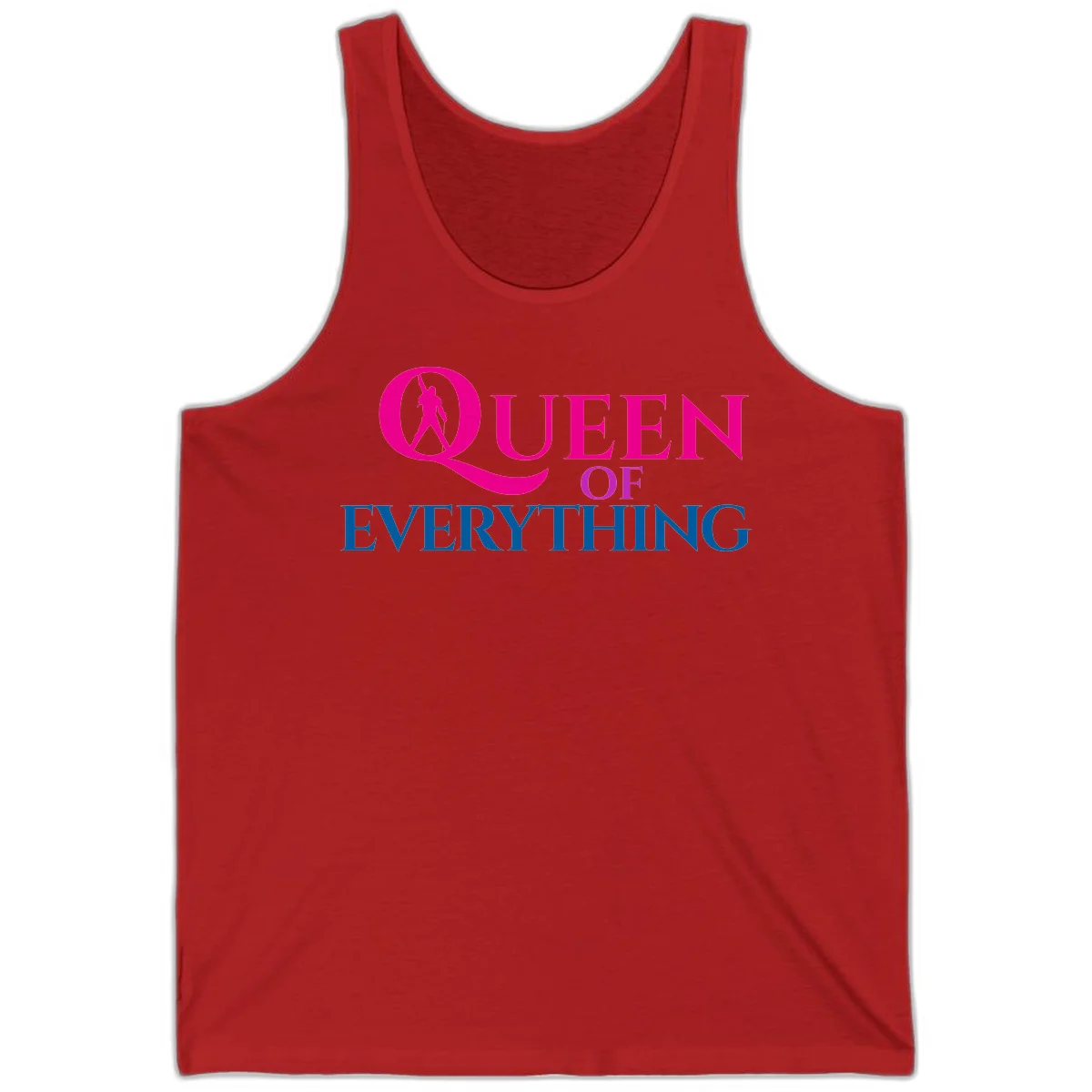 Queen of Everything design: magenta silhouette of crowned woman in oversized Q with pink and blue bold text on gray background in Red