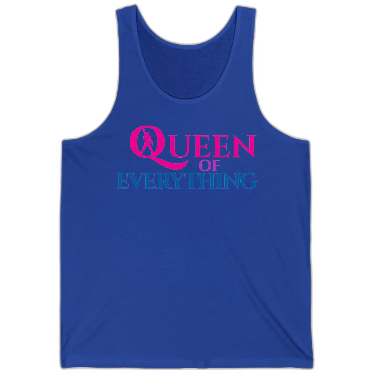 Queen of Everything design: magenta silhouette of crowned woman in oversized Q with pink and blue bold text on gray background in True Royal