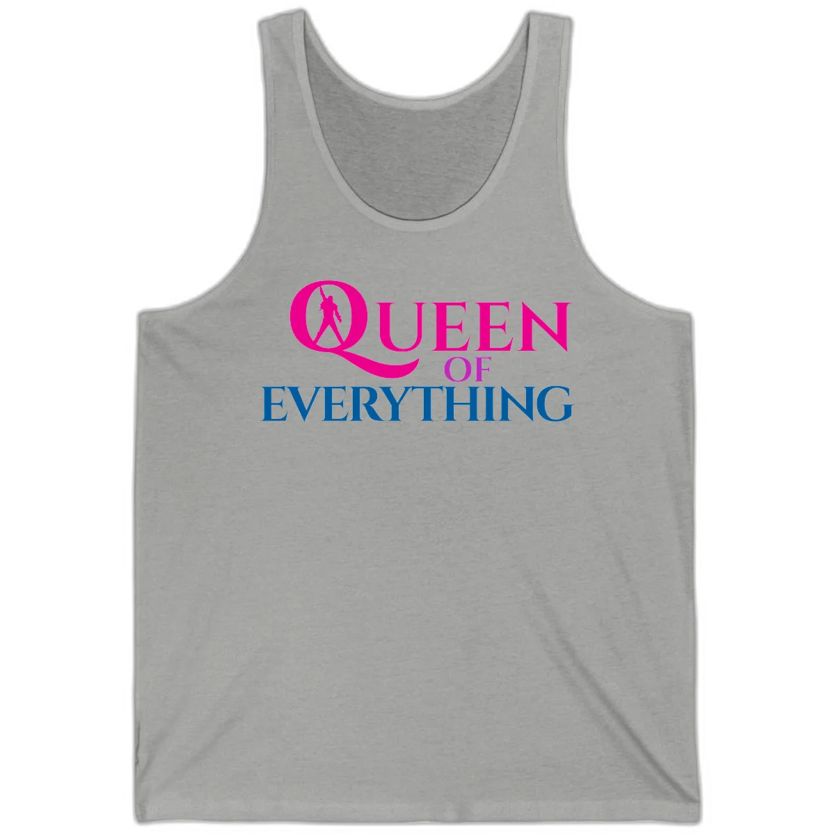 Queen of Everything design: magenta silhouette of crowned woman in oversized Q with pink and blue bold text on gray background in Athletic Heather