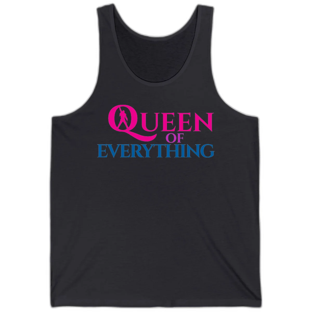 Queen of Everything design: magenta silhouette of crowned woman in oversized Q with pink and blue bold text on gray background in Dark Grey