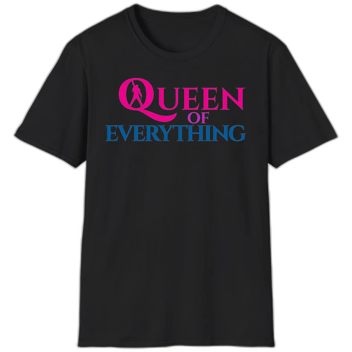 Queen of Everything design: magenta silhouette of crowned woman in oversized Q with pink and blue bold text on gray background in Black