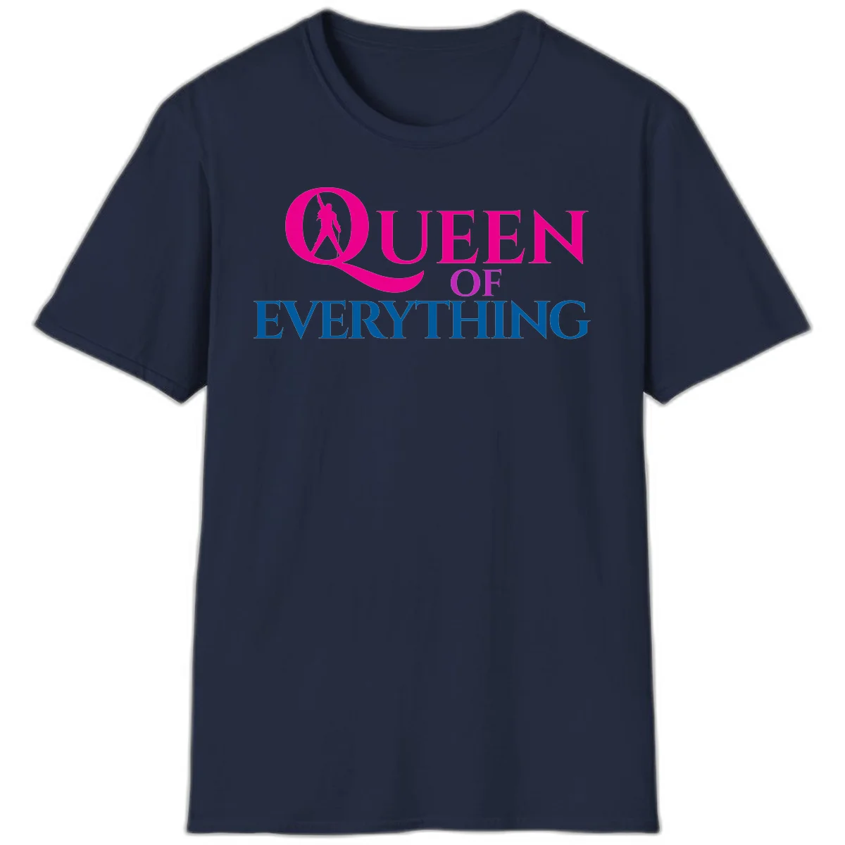 Queen of Everything design: magenta silhouette of crowned woman in oversized Q with pink and blue bold text on gray background in Navy