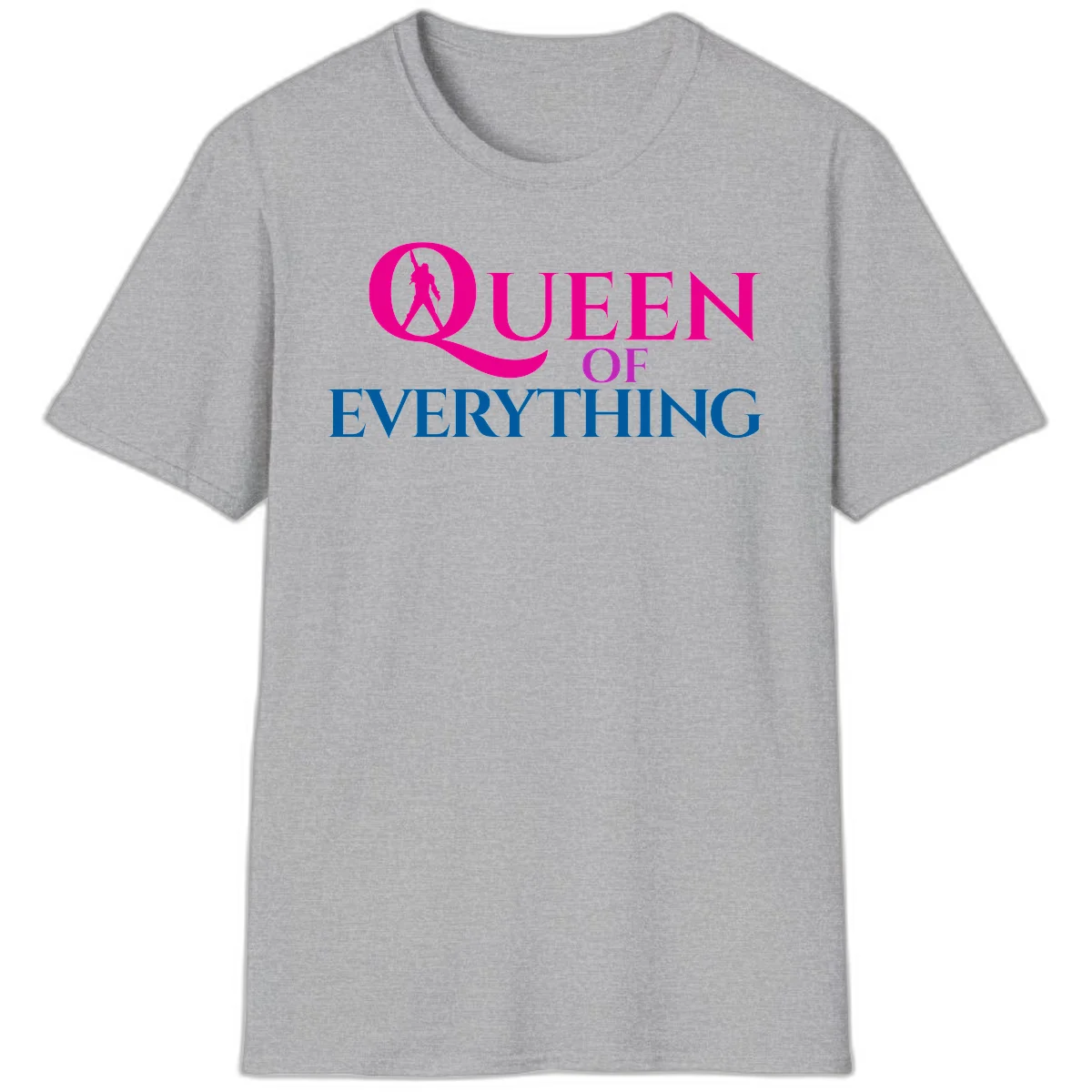 Queen of Everything design: magenta silhouette of crowned woman in oversized Q with pink and blue bold text on gray background in Sport Grey