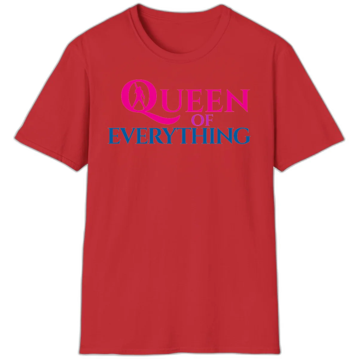 Queen of Everything design: magenta silhouette of crowned woman in oversized Q with pink and blue bold text on gray background in Red